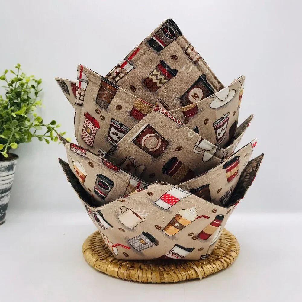 Set of 4, Microwave Soup Bowl Cozy, Coffee and Floral Print, Reversible